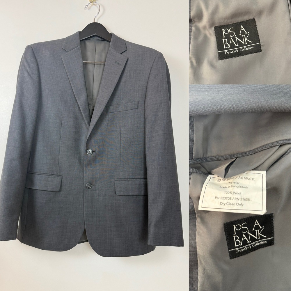 Jos A Bank Traveler Collection Men 40R Wool Suit Jacket Blazer Gray Tailored Fit